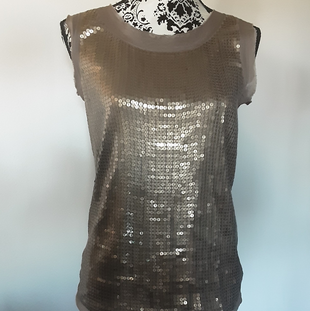 ANN TAYLOR TAUPE SEQUIN SLEEVELESS TOP M